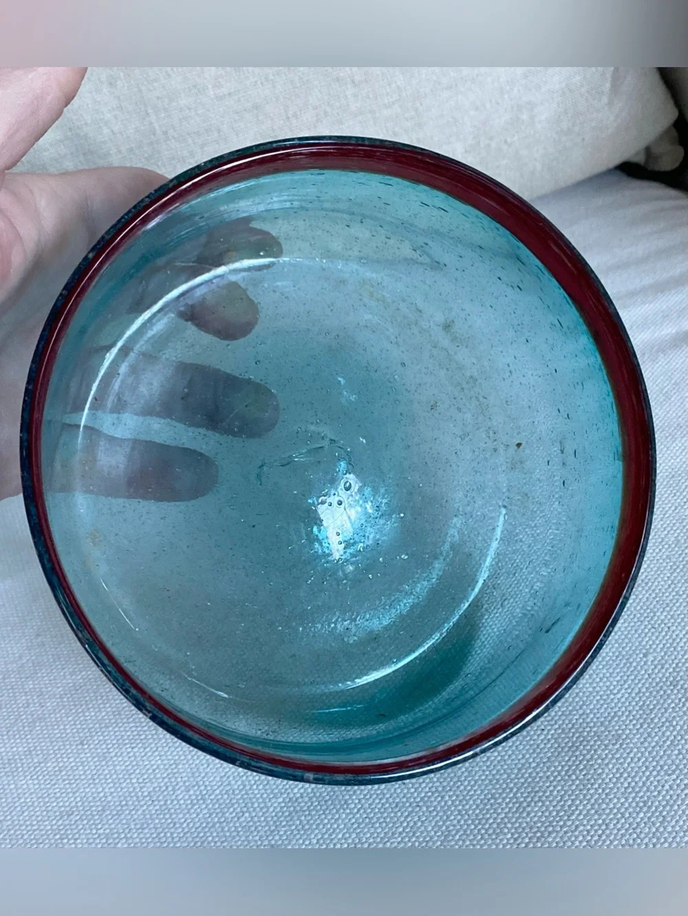 Handcrafted Recycled Glass Bowl Turquoise Aqua Blue with Red Amber Rim